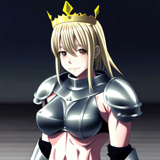 ((anime style, print screen of an anime scene)) cute anime girl, huge muscles, she is a knight, she wears metal gauntlets, metal greaves and shoulder pads, she has a breastplate, her defined abs are exposed as well her upper arms, she has a tiara that has crown features
