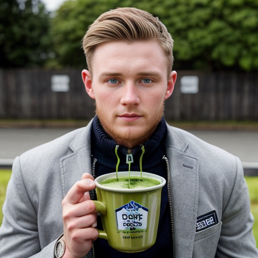 generwate an image of conor macmanus from ireland brown hair 5 ft 6 and from blackrock colage and with a blue quater zip first year driving a ferrrari car no helmet still wearing the quater zip wereing a quaterzip drinking matcha