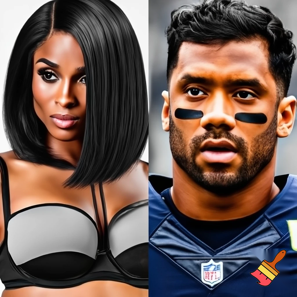 Ciara with a black sleek middle part bob hair wearing a grey and black bra and Russell Wilson wearing a football jersey in a black and white Vogue photograph 