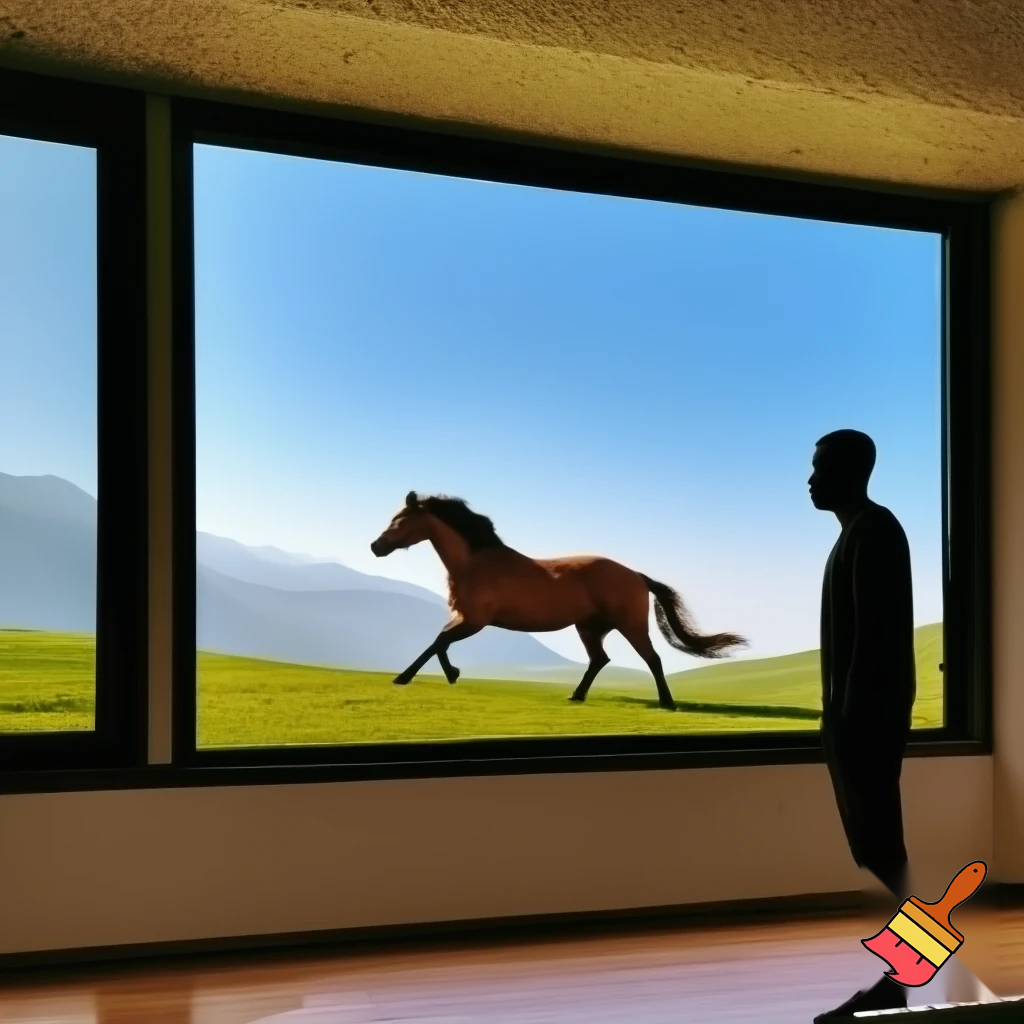 A horse running through the hills and over the mountains free and a man looking at the view of that horse by the window, calm and nicw environment 