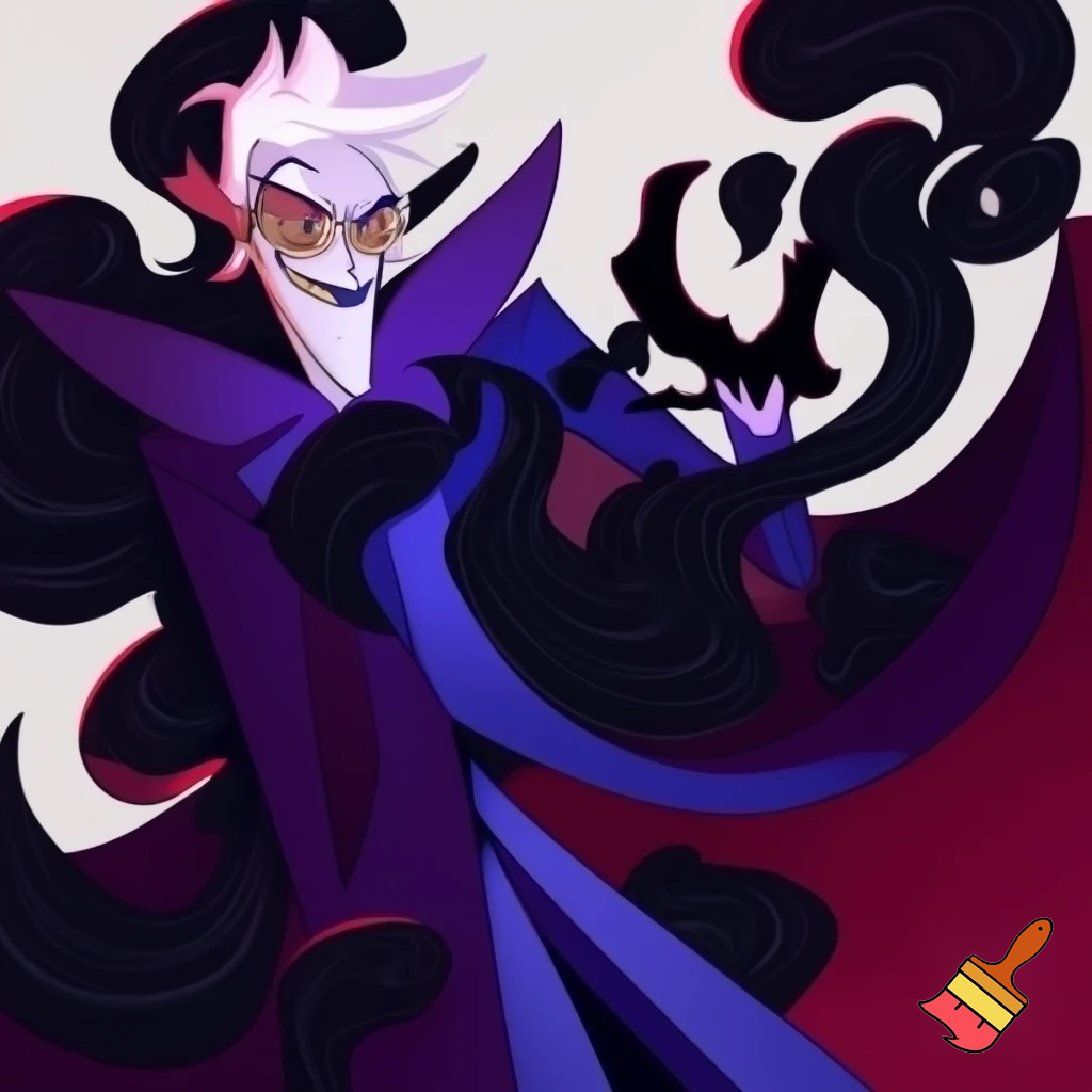 A tall, lean pale man with white hair, distinctive round brass glasses he has a stern look on his face. his face In cartoonish art style of hazbin hotel wearing his signature blue overcoat with black sinister smoke curling around him his hand reaching out, producing the black sinister smoke