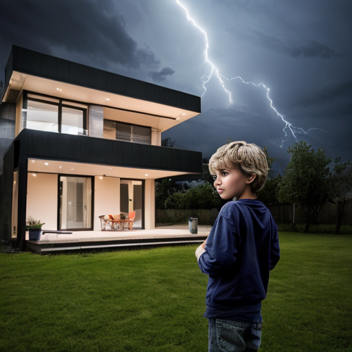storm boy next to a modern house