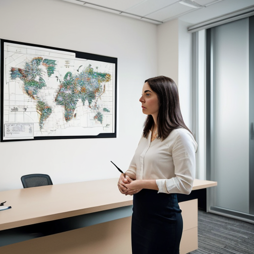 A calm, thoughtful professional woman standing in front of a large abstract map or schematic diagram with blurred and undefined paths, symbolizing uncertainty. She is not stressed, but reflective. Soft lighting, modern office environment, minimalist style, neutral tones. The mood conveys strategic thinking, responsibility, and long-term vision. Professional, realistic illustration or cinematic photography style.