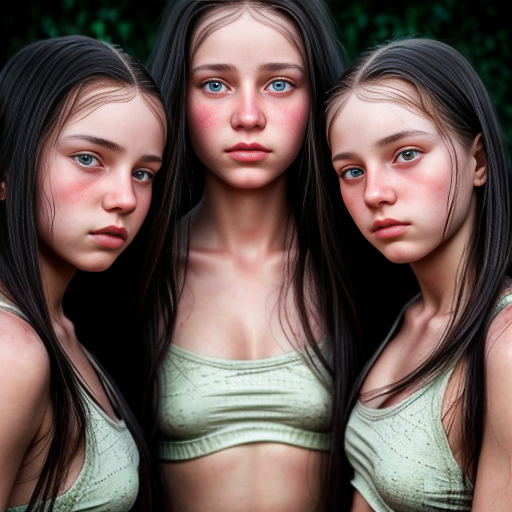 generate 16 year old triplets girls with black long hair and green eyes