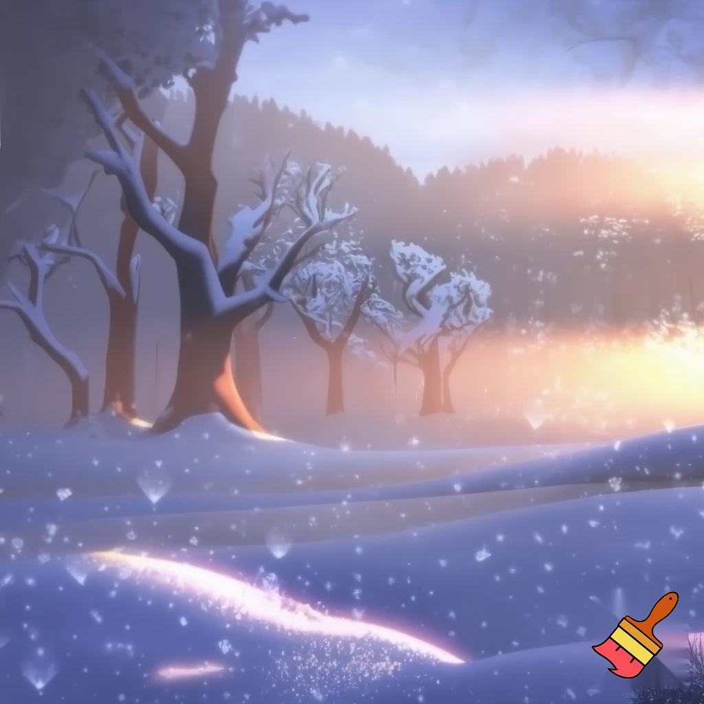 snowy woodland, filled with the light of dawn, sparkling snow
