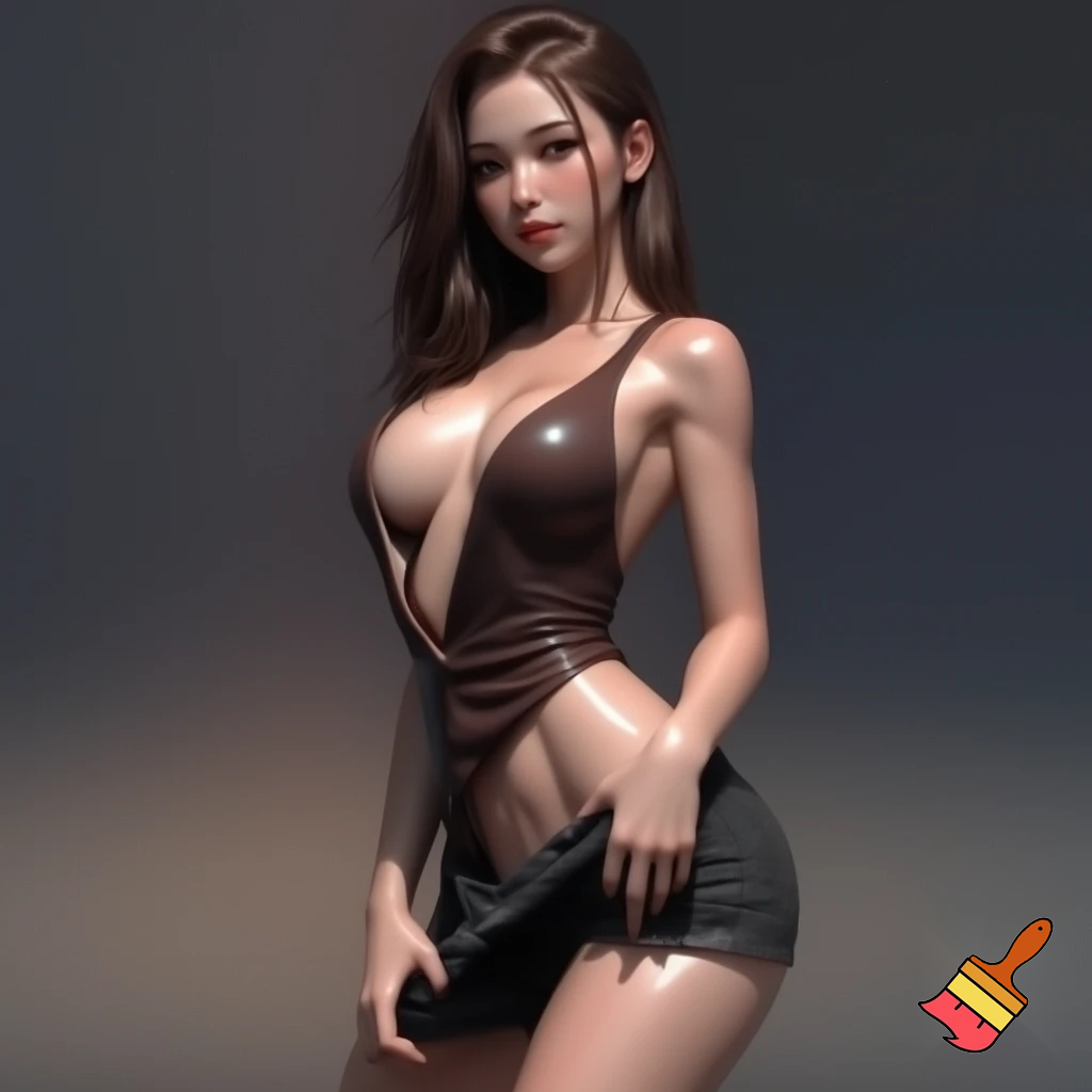 girl 20 years old so cool and cute is dressing a low cut dress and very revaluing and cool short black jeans is standing make is so realistic is doing an cool pose and the girl is holding her jeans with cool pose and her body is shiny and her face and waist and ass is so cool and make it so cool and so so so cute