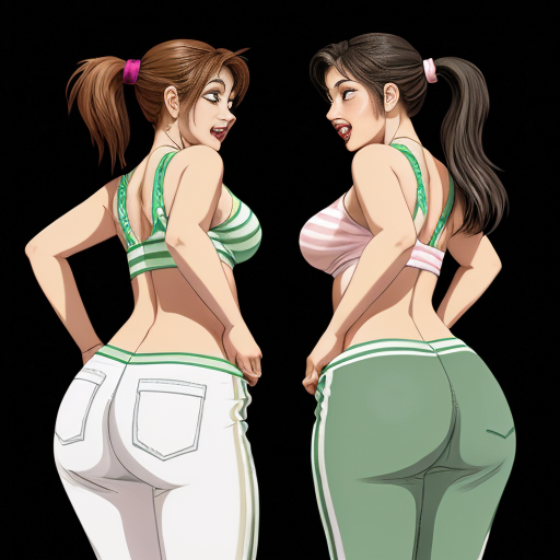 90's disney's 2d aladdin style comic black background and panels of 
Panel 1 a curvy figure two headed woman with brown hair and black striped haired ponytail and with green skin barefoot with green and white striped harem pants and pink and white striped bra marching towards viewer. 
Panel 2 then the curvy figure two headed woman with brown hair  black striped haired ponytail and with green skin barefoot with green and white striped harem pants and pink and white striped bra both looked at each other while marching towards the viewer.
Panel 3 then the curvy figure two headed woman with brown black striped haired ponytail and with green skin barefoot with green and white striped harem pants and pink and white striped bra gives kisses towards viewer. 
Panel 4 then the curvy figure two headed woman with  brown hair and l black striped haired ponytail and with green skin barefoot with green and white striped harem pants and pink and white striped bra kissing the viewer while marching. 
Panel 5 then the curvy figure two headed woman with brown hair black striped haired ponytail and with green skin barefoot with green and white striped harem pants and pink and white striped bra turns around and turns around and revealing to the viewer a yellow triangle shaped stitch patch was on the middle of her butt of her green and white striped harem pants. 
Panel 6 then curvy figure two headed woman with brown hair and black striped haired ponytail and with green skin barefoot with green and white striped harem pants and pink and white striped bra shakes her butt with the yellow triangle shaped Stitch patch on her big butt.  