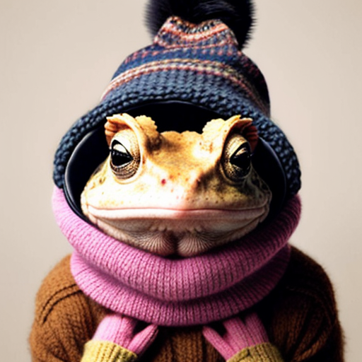 A laughable, puzzled animal toad in woolen, multicoloured winter clothings with woolen winter cap. Hyperrealistic style.