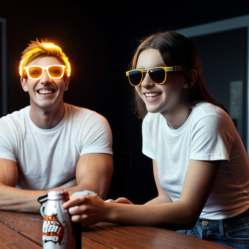5 Jacked strong lean teen men wearing sunglasses and all of them are wearing white t shirt with dark blue jeans and they are all smiling and laughing in a dark room with party lights on (no one else in the room) (2010s color photo) (realistic photo with a slight shaky effect) and it looks like there is soda on the table. 