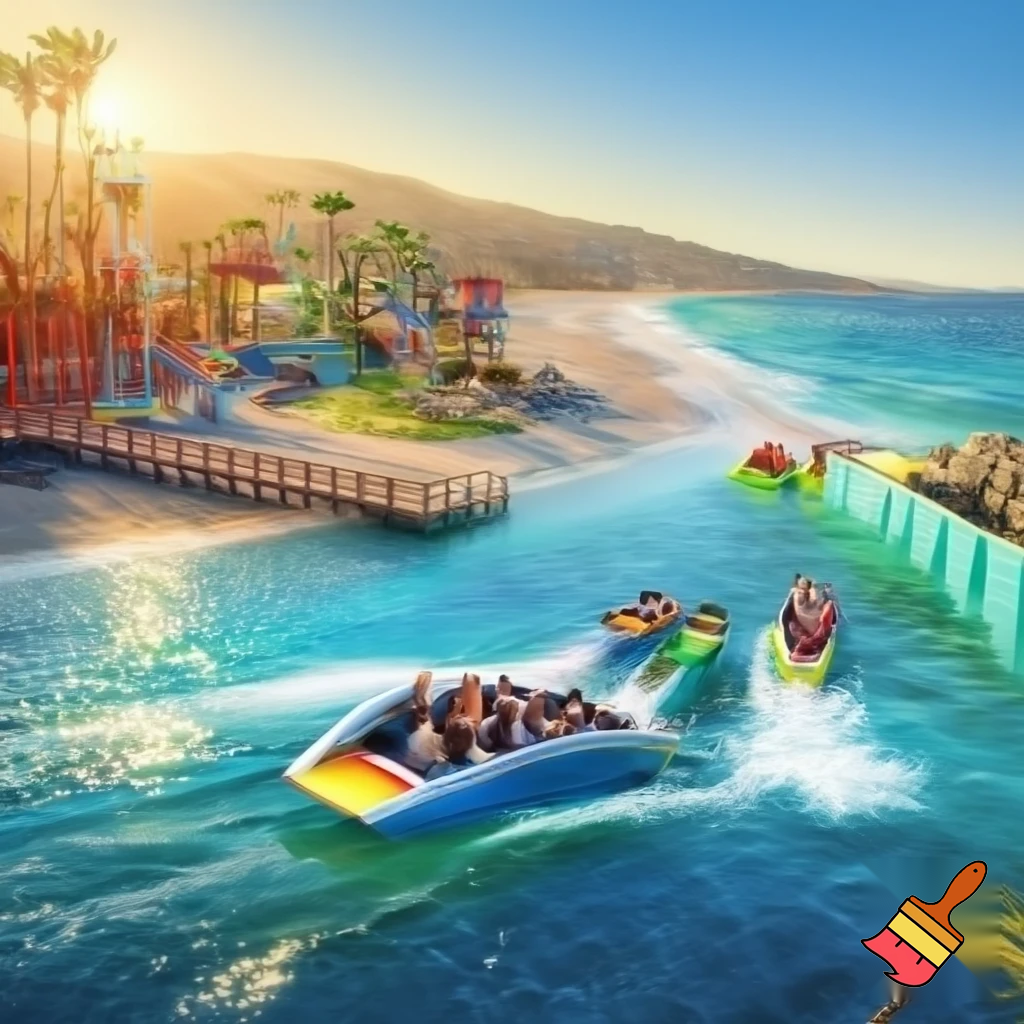 Create a realistic water boat theme park ride inspired in beachy Malibu with a fun vibe. Add path