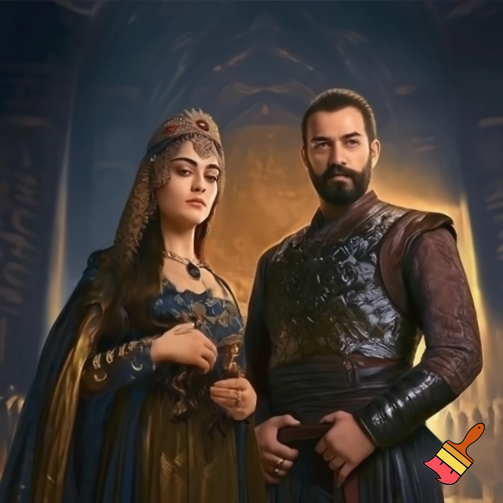  esra bilgic  as halime sultan and Ekin koc as ahmed sencer
 standing together
