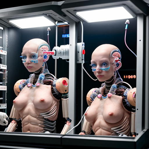 Embryonic test subjects in a dark futuristic nursery lab. Robot scientists conducting experiments on the human embryos. Tubes wires and sensors connected to bodies for vital monitoring.