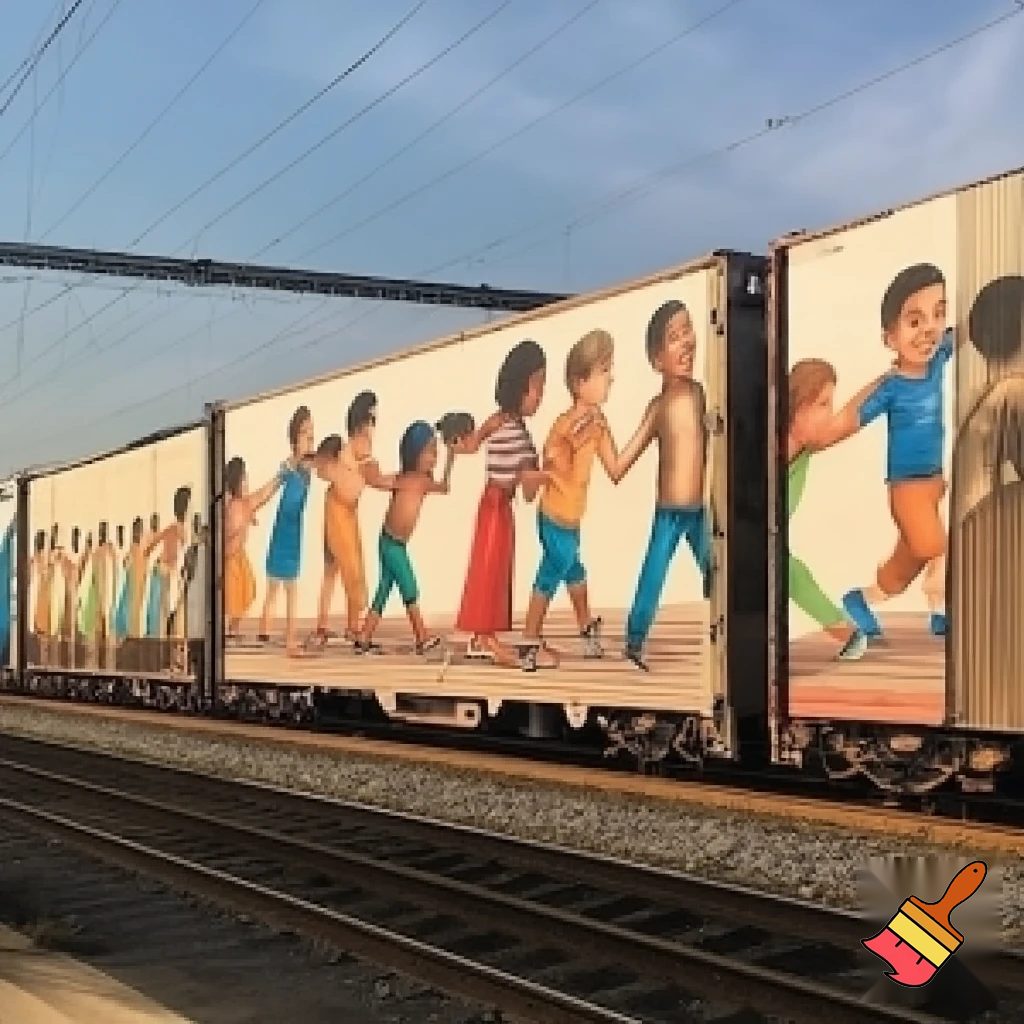 create this as an art piece . I chose to put the mural on train cargos. This way the art will be seen from coast to coast by those who see the train passing.
The goal is to enlighten everyone who sees it pass by and create a message of hope and unity nationwide. 
I wanted the mural to be interactive—similar to a flip book, where movement creates the illusion of animation. 
As the train moves, the images of the children holding hands will appear to link together, created by a sequence of slightly varied illustrations across the train cars.



