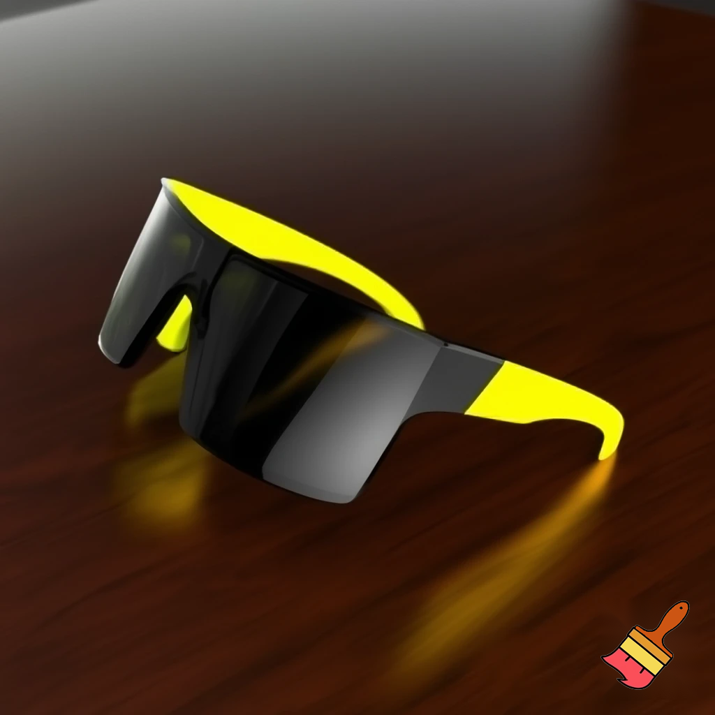 black tinted super-sport sunglasses on a table with yellow arms
