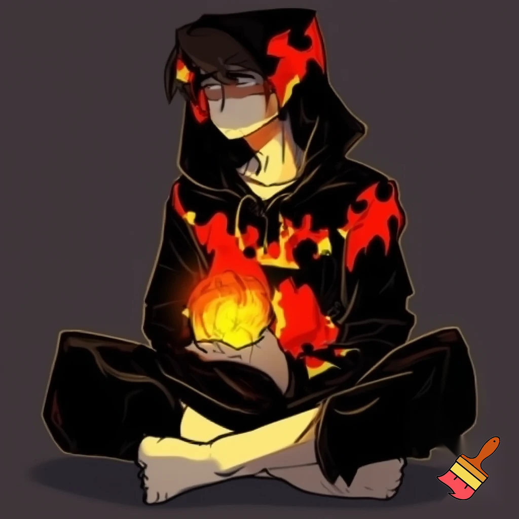 •	“Create a humanized character based on this Minecraft skin design, posed like the left stick figure, sitting casually with one hand holding fire”
	•	“Transform this Minecraft skin into a human character with the same color scheme (black, red, yellow/gold), in a relaxed sitting pose with fire in one hand”
	•	“Humanoid character design based on Minecraft skin: black hoodie with red and yellow flame details, sitting cross-legged, holding fire, simple stick-figure style”
More detailed version:
	•	“Character design: human/humanoid figure sitting in relaxed pose (cross-legged), wearing black clothing with red and yellow flame patterns, holding fire in one hand, simplified/stylized art style similar to stick figures but with more form”
Tips for better results: