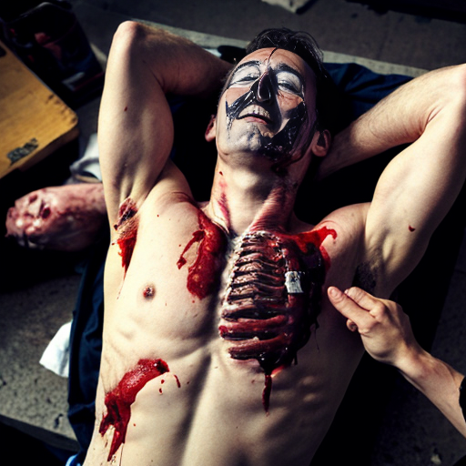 A corpse shirtless man, died, face are hiding by shirt with cut eye part (not eye human), eye closed, chest fully opened wounded circle on center, blood everywhere. Gibs and ribs (from chest bone) broken, organs piece by piece on outside.