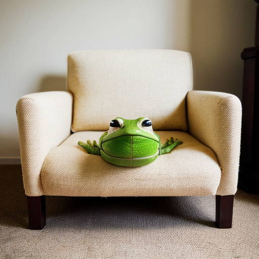 A funny radish vegetable toad sitting in a modern room chair.