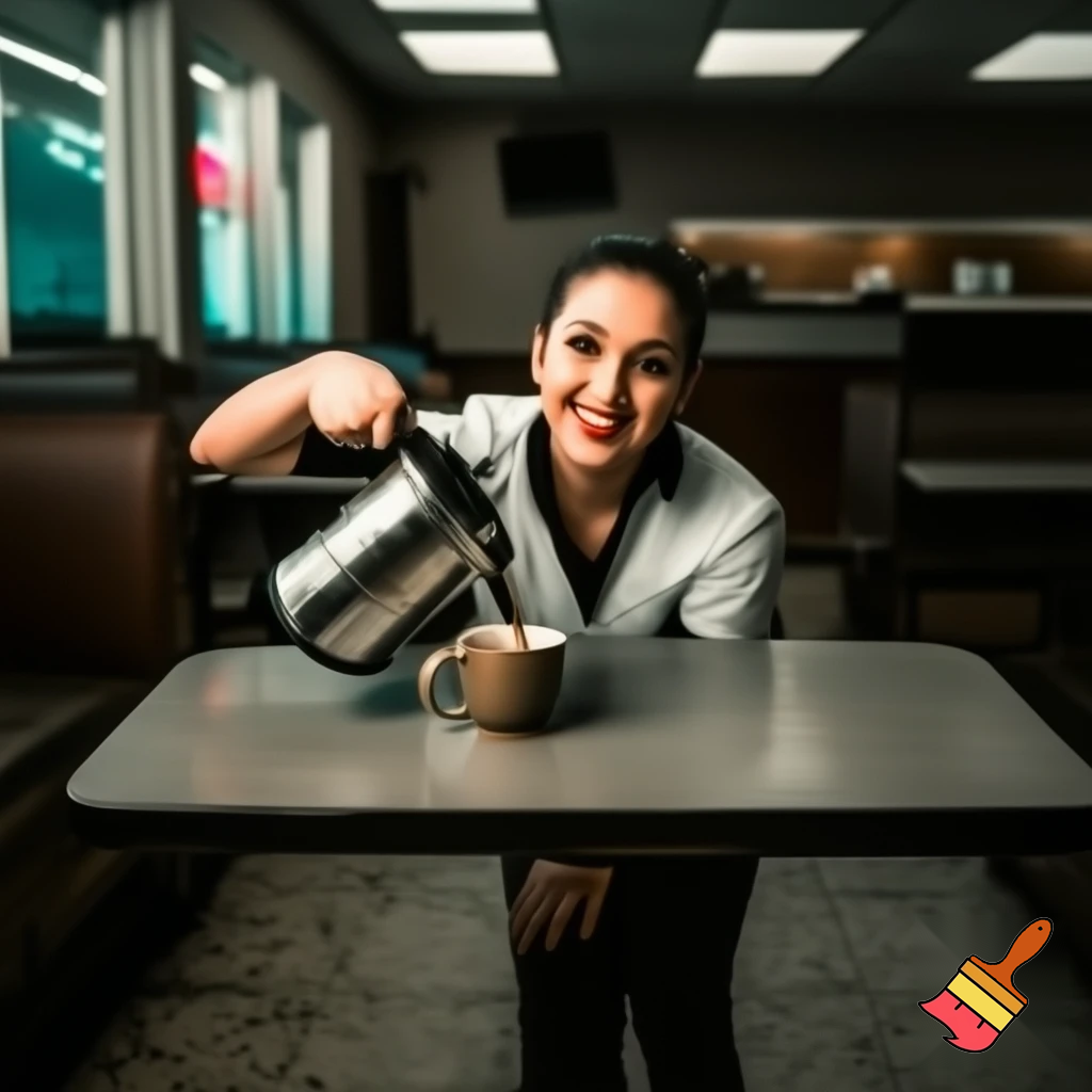 A small roadside diner. A beautiful waitress leans over to pour coffee into a customer's cup at a table. The waitress smiles. Photorealistic. 9x16