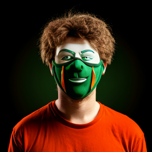 black background half of a broken green-orange comedy mask, green and orange ribbons behind that mask and a number 3 beside it