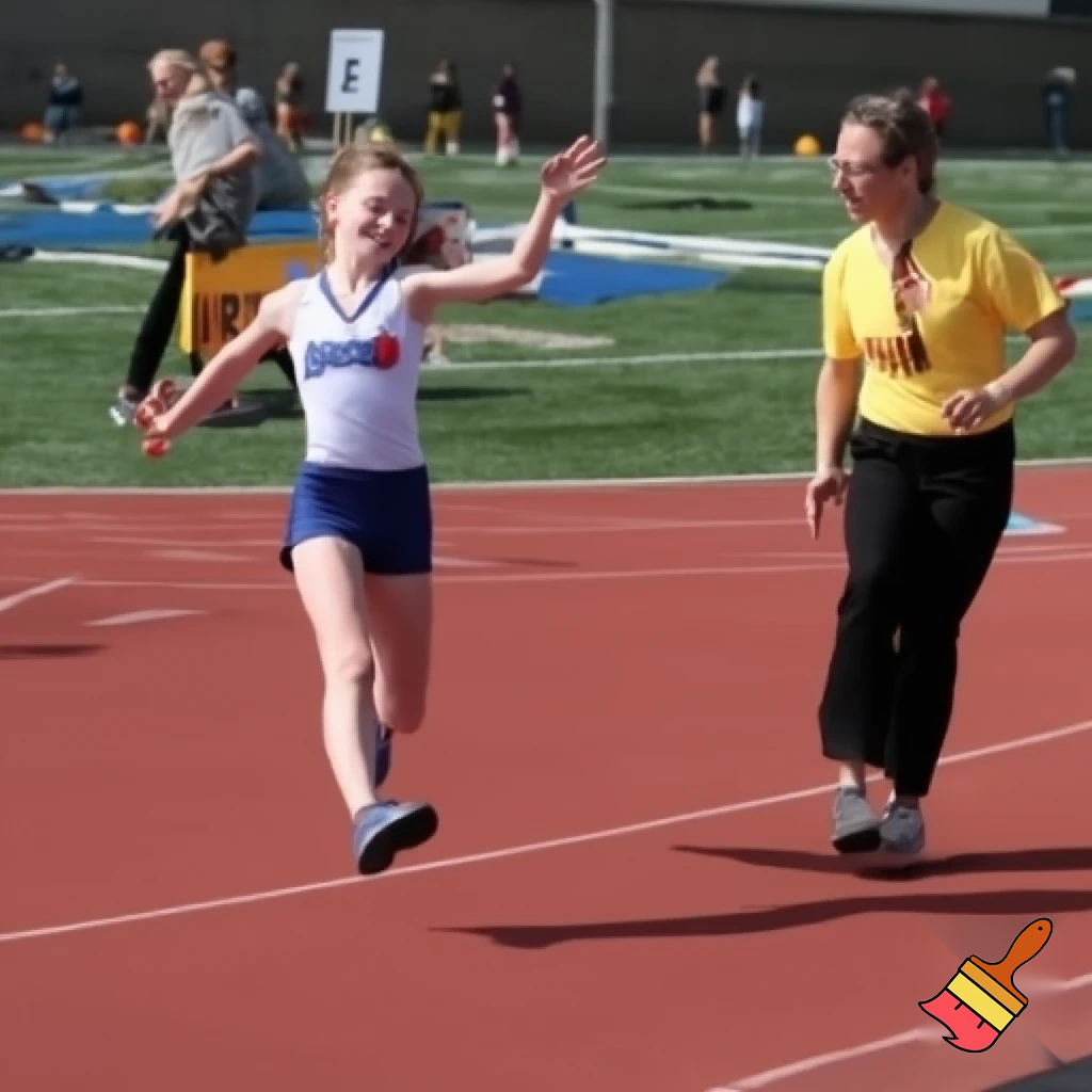 create a photo sequence (4 photos) in order. photo 1, a girl student is told by her teacher that she will compete in the schools 100 meter race. photo 2, the girl student is very nervous. photo 3, the girl gets encouragement from her classmates that she can do well in the 100 meter competition. photo 4, the girl competes and wins the 100 meter race.