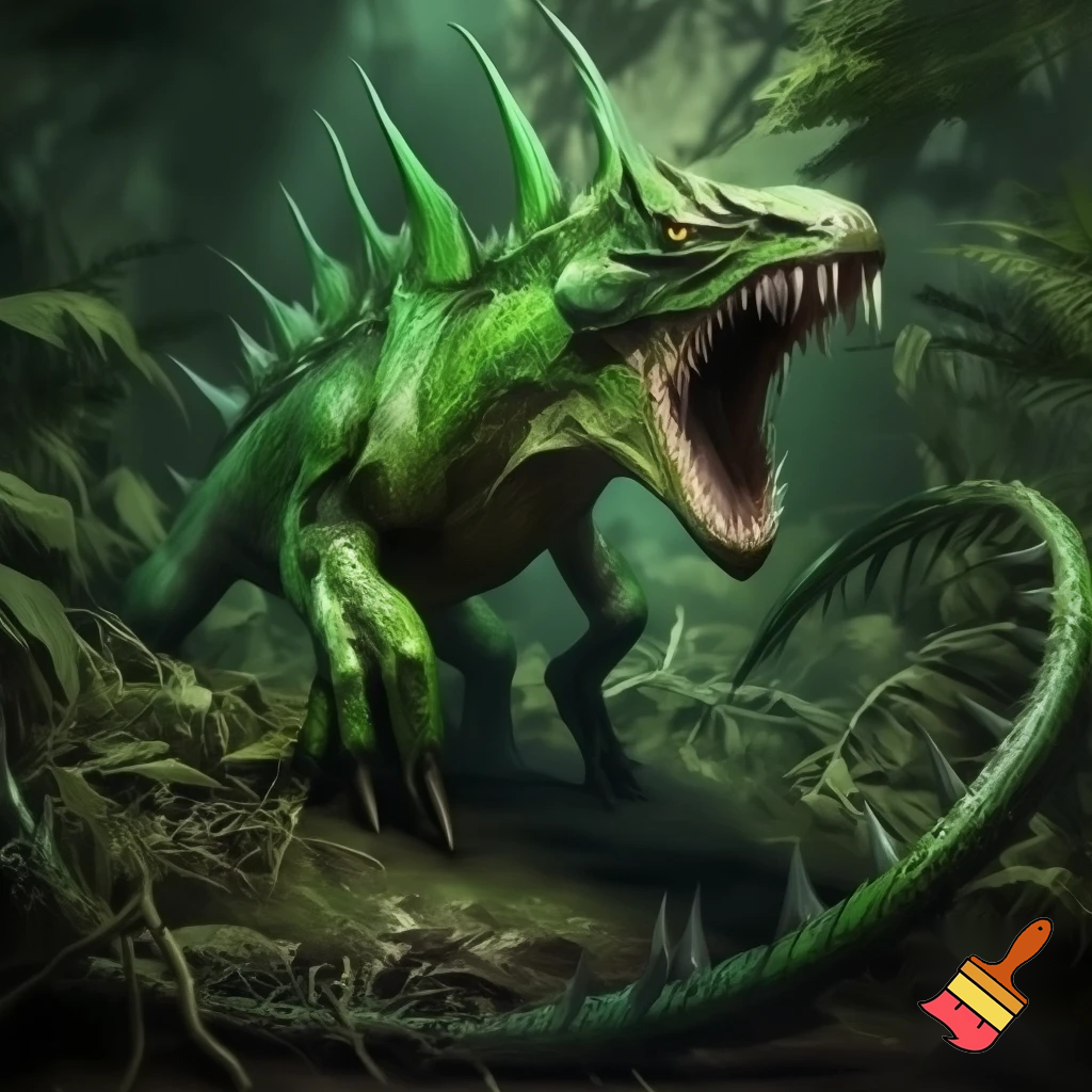 a animal that has green skin and has no eyes
and has a tail with spike on the tail and body and looks like a fly trap and lives in the rainforest has a big mouth and has shark teeth and has legs
and with no eyes and walks on all four legs