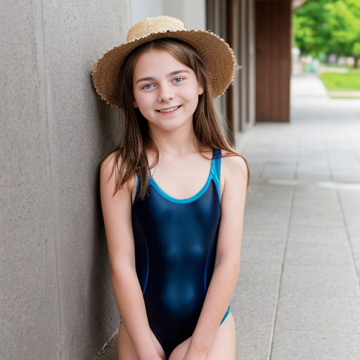 Una ragazza di 11 anni bella con capelli a caschetto lisci di color castano lunghi fino al collo, indossa un costume da bagno di colore azzurro. La ragazza è seduta a terra, ed è appoggiata con la schiena su un muro con le ginocchia piegate e le braccia appoggiate sulle gambe. La ragazza guarda la telecamera con sguardo sereno e felice. Telecamera vista frontale. Immagine di alta qualità. Risoluzione 4K.

