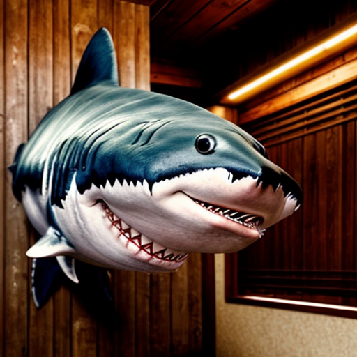 Make a shark with blue jordans in a big wood cabin called "The Tung tung Inn"