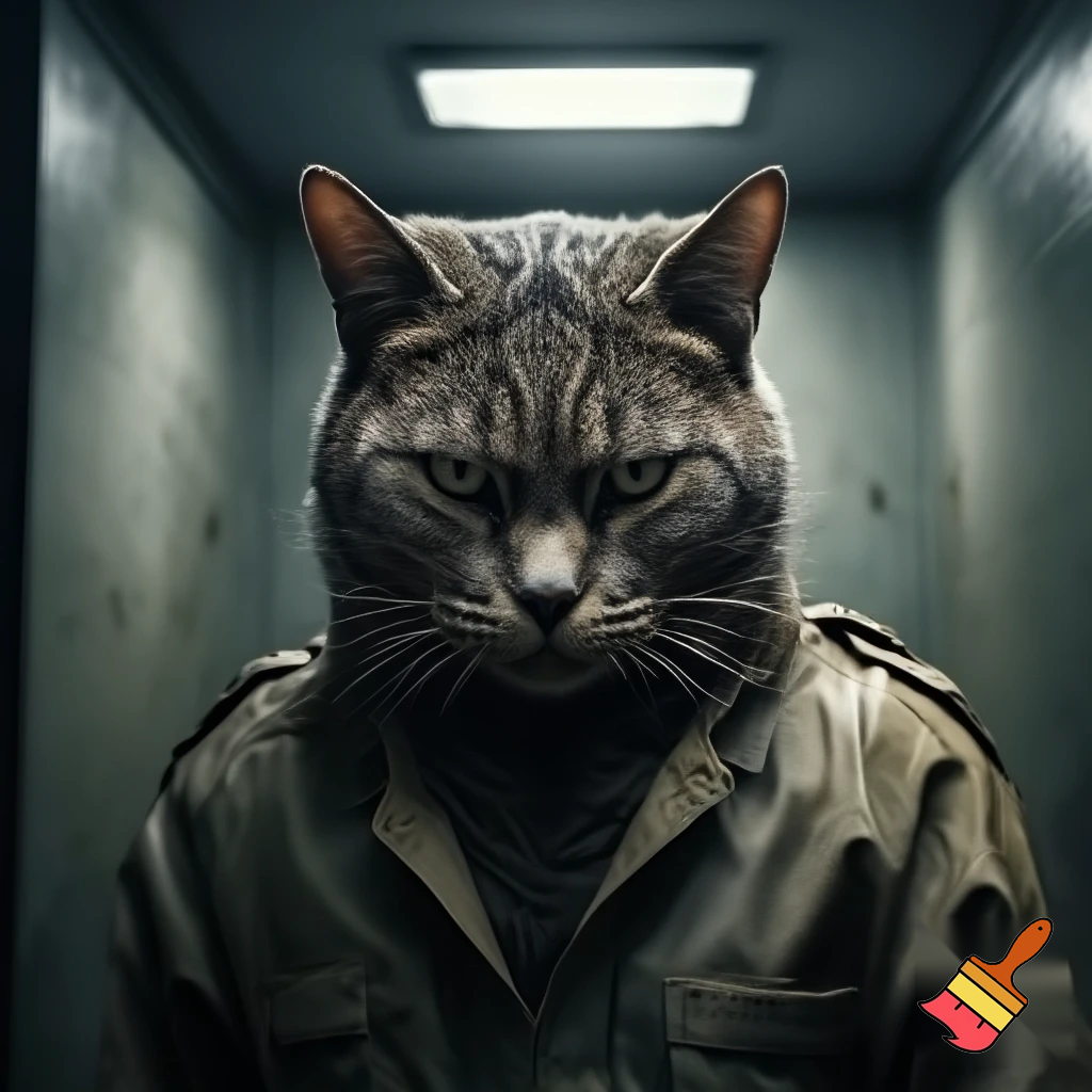 evil, sinister, strong, cat in a police mugshot staring with dim lights jail suit