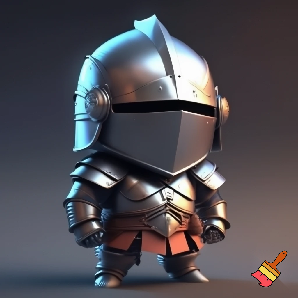 A cute chibi-style medieval knight mascot, inspired by the character proportions of "Ghosts 'n Goblins". He has a significantly oversized head and a small, stout body. He is wearing full, shiny silver plate armor with intricate but soft-edged details. The helmet is completely closed with a visor, so no face is visible. The style is whimsical fairy-tale 3D render, soft cinematic lighting, vibrant colors, high detail, standing in a heroic but adorable pose. High quality digital art, 8k, cute and charismatic.