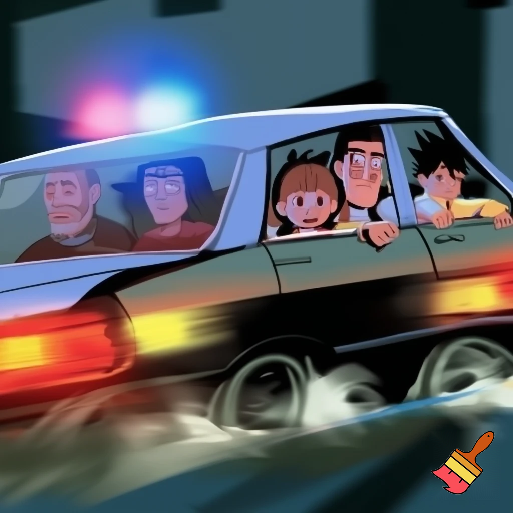 A kid named Ben with hair like a toilet brush and his family in their car getting chased by the police (Mum, Dad, Daughter age 7 and Ben age 13)