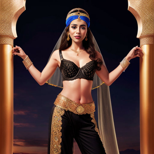 Aladdin 2d style of a Attractive Moroccan woman with dark skin wearing a headpiece, a veil, ornate cuffs, a bejeweled bra, a coin belt, harem pants and curved dance shoes  