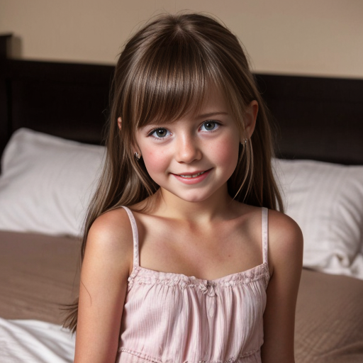 finnish brunette little girl at night dress, very beautiful and eager, on the bedroom, brown eyes