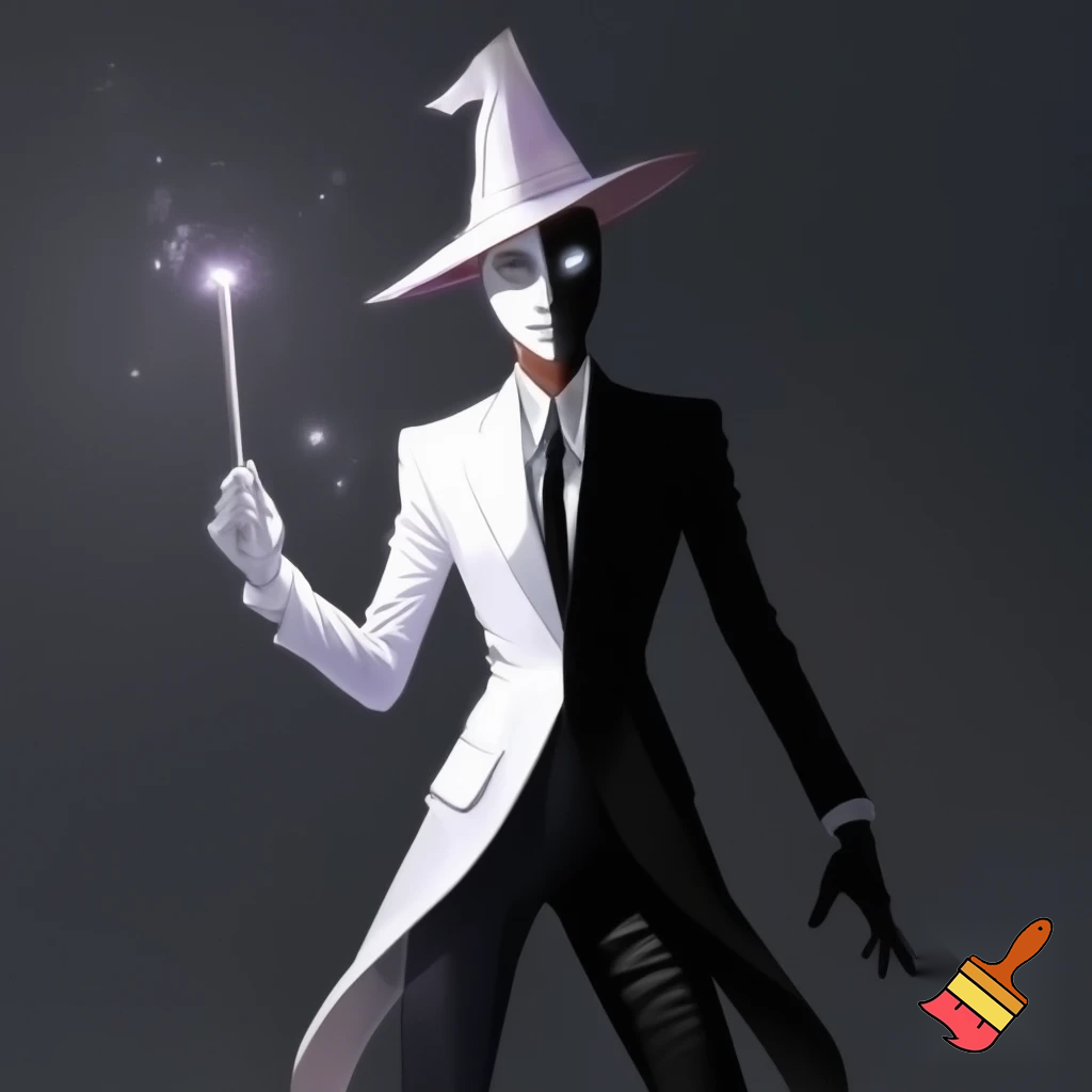 Person with white skin is wearing a white suit on one half of their body and black suit on the other half and half black mask and a wizzed hat and magic wand with black pants and black gloves