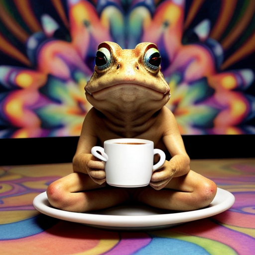 A hillarious, funny boho toad with some hippie colored coffee cups. Psychedelic decorated background.