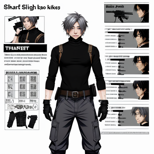 an anime boy, grayish short spikyish hair (but not too short) a red
left eye, with a scar, right eye is white, white skin (like a cloud) a choker,
skintight turtleneck that covers his hands like gloves, grayish black big
cargo pants with Keychains, black combat boots, some belts, and two guns
on each side of his waist, (character sheet), make him feminine and skinny, 