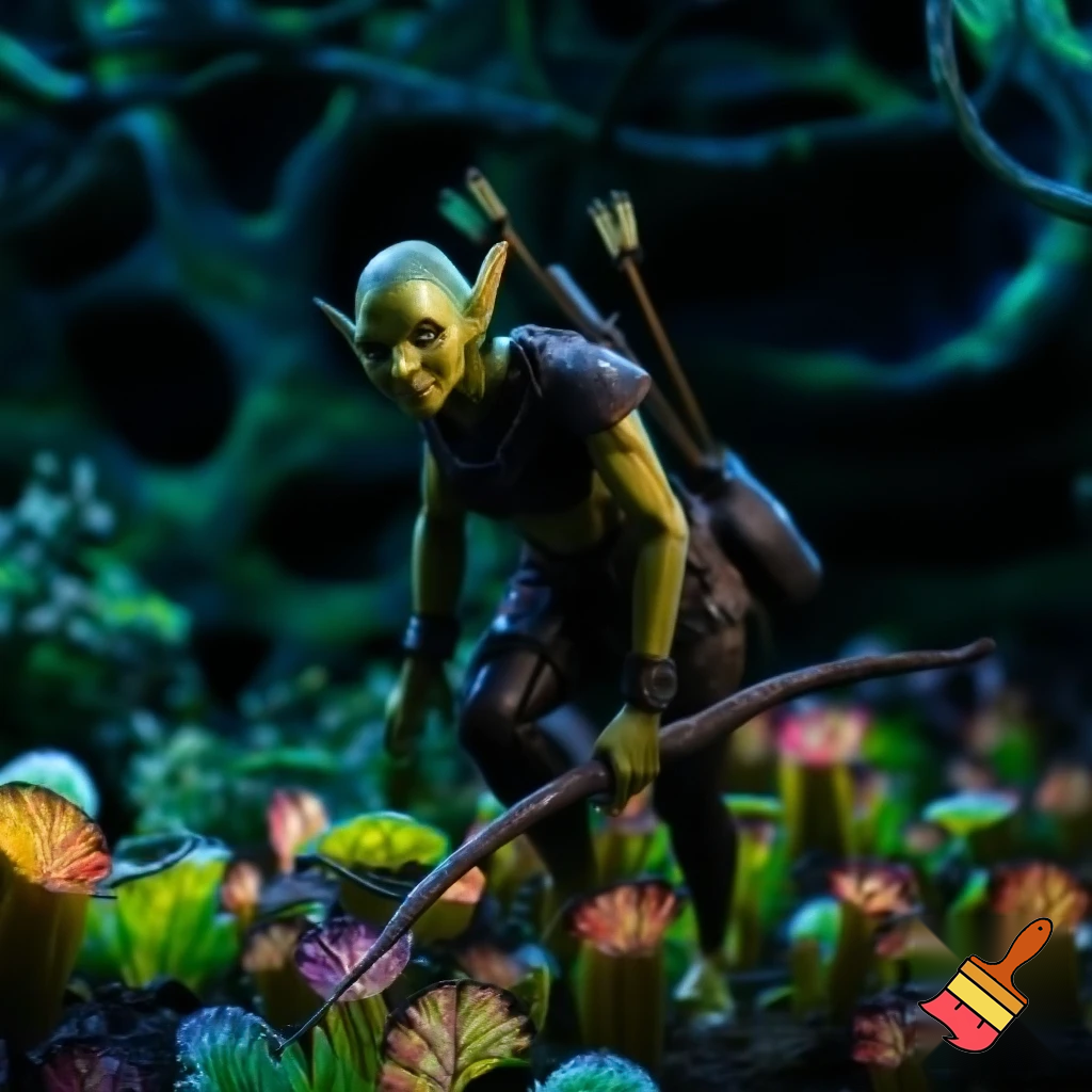 ambientazione fantasy, una ranger goblin femmina si aggira cauta tra le piante di un bosco misterioso