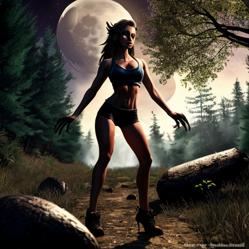 athletic female werewolf shifter. standing in front of the moon. dynamic pose. high quality. in the style of dungeons and dragons. detailed forest background.