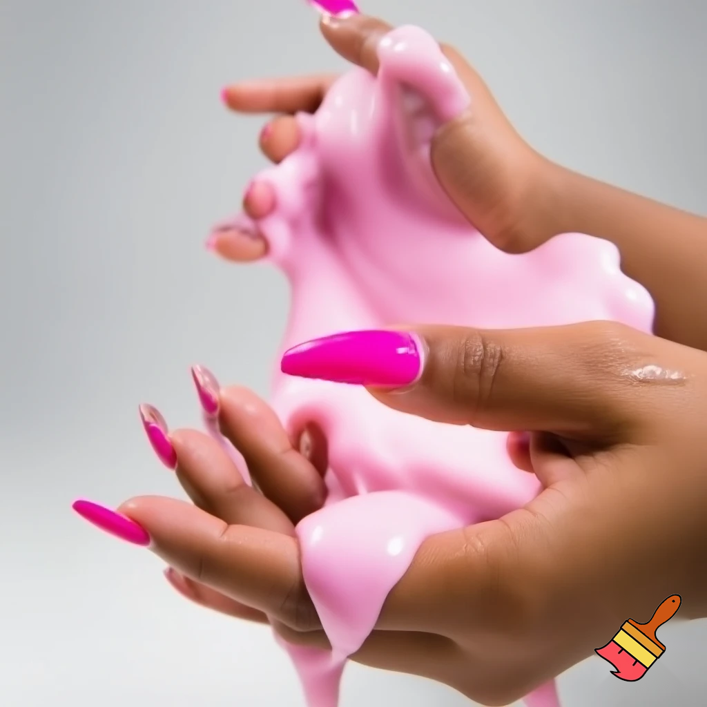 crate a picture of hands with hot pink French tips playing with lots of fluffy pink slime. Make it look very baddie.