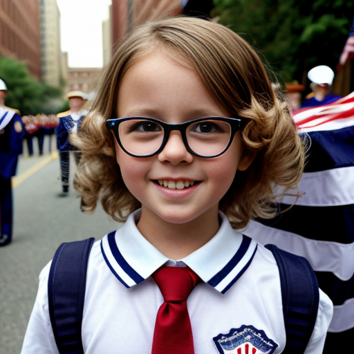 Cute adorable niña Chilindrina glasses con hair lazo curly Blonde con sailor uniforme escolar con zapatos negros escolar con calcetines blancos con Estados Unidos América bandera con desfile con ciudad 4