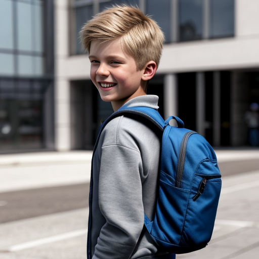 16 years old boy with blond hair, blue eys but a very small figure, he is not taller than a 4 years old boy. He is wearing a grey fleece jacket  with open zip and a blue tshirt, short jeans and a blue school backpack looking real. He is smiling and on the way home from school
