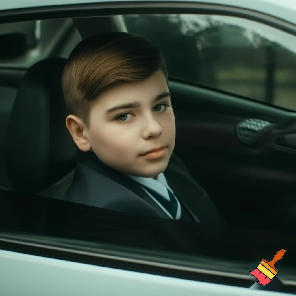 A kid that is 13 years old with brown hair in school uniform in the car