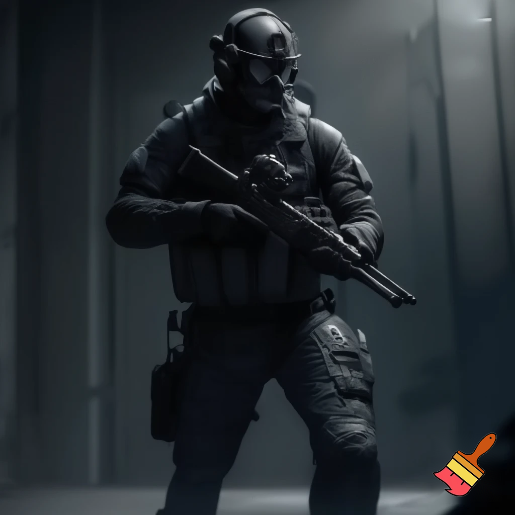 A swat soldier wearing moder gear with his fase coevr with a mask. full figure
