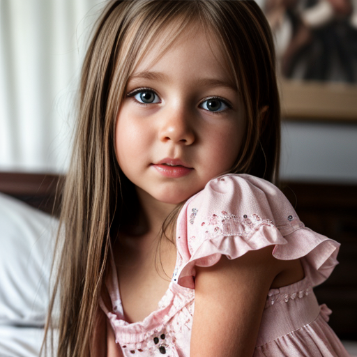 swedish little girl, long brunette hair, night dress, on the bedroom, close up