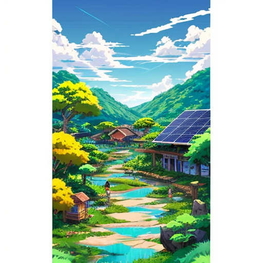 rain forest with a village and solar panels 
