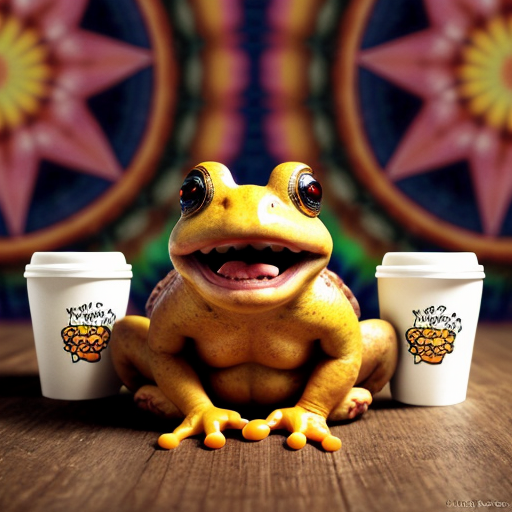 A hillarious, funny boho toad with some hippie colored coffee cups. Psychedelic decorated background.