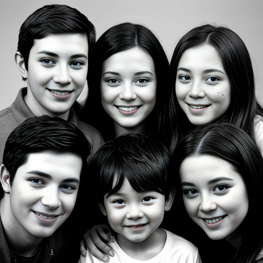 generate a family photo of  6 kids. generate 1 set of triplet boys that are two years old with black hair. generate another set of girl triplets that are 16 with black hair and generate all of them togteher in a family photo 6 kids