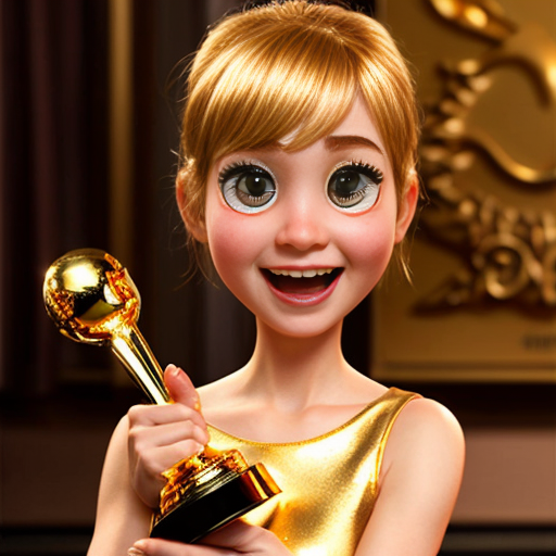 the emotion proud one person gold holding trophy Pixar cartoon style gold skin  happy pretty  gold face inside out movie