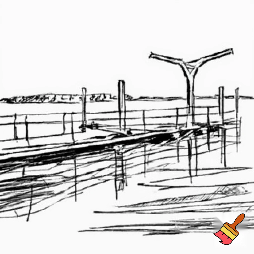 A construction sketch of a dock with railings and a T shaped end over the water 