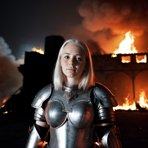 young, tall, white-haired woman in armor stands in front of a burning castle into which meteorites are falling.