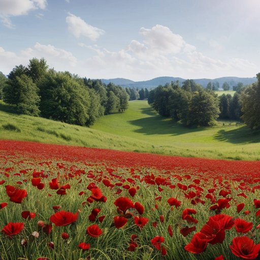 red flowers in a sunny meadow, photorealistic